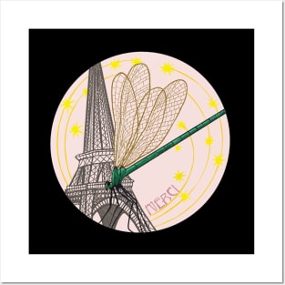 Eiffel Tower with Dragonfly and Stars Merci Posters and Art